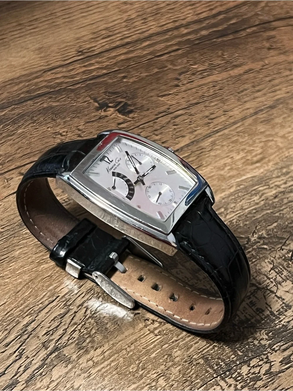 Kenneth Cole Men's Black Leather Strap Watch with Silver Case
